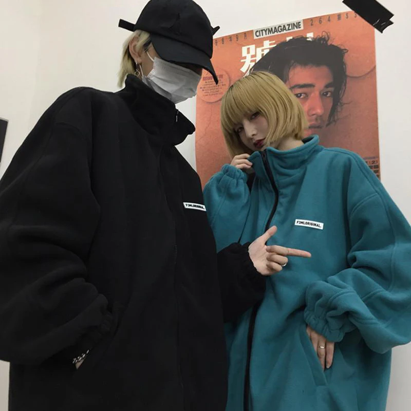 

Корейские женские толстовки свободного покроя простая Y2K винтажная Толстая Уличная одежда с воротником-стойкой и надписью на молнии для па...