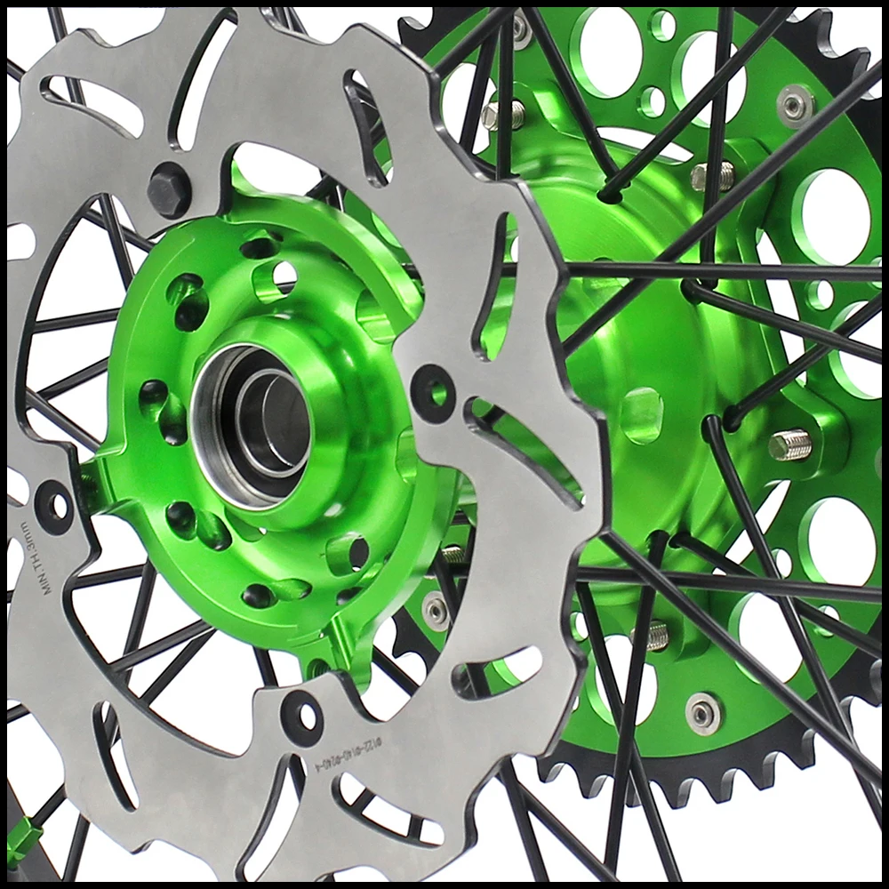 KKE 21/18 Motorcycle Rim Spoked Wheels Set For KAWASAKI KX250F KX450F 2006-2014 KX125/250 2006-2007 Green Nipple Black Spoke |