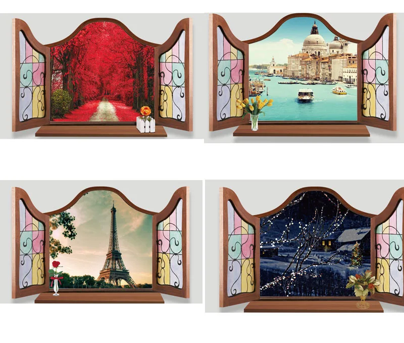 

New Waterproof Living Room Study Classical Chinese Style Wall Stickers Imitation 3D Fake Window Snow View outside