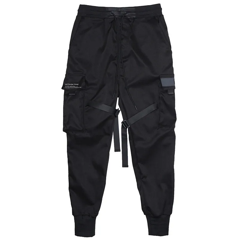 

Prowow Men Ribbons Streetwear Cargo Pants 2021 Autumn Hip Hop Joggers Pants Overalls Black Fashions Baggy Pockets Trousers