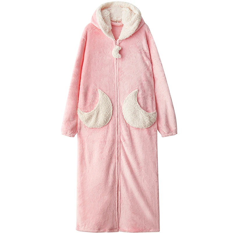 Men Moon Pink Женское длинное теплое Фланелевое кимоно больших размеров, банный халат с капюшоном и рисунком звезды и Луны, флисовый банный халат, милое Ночное платье, Мужская одежда для сна - Цвет: Men Moon Pink