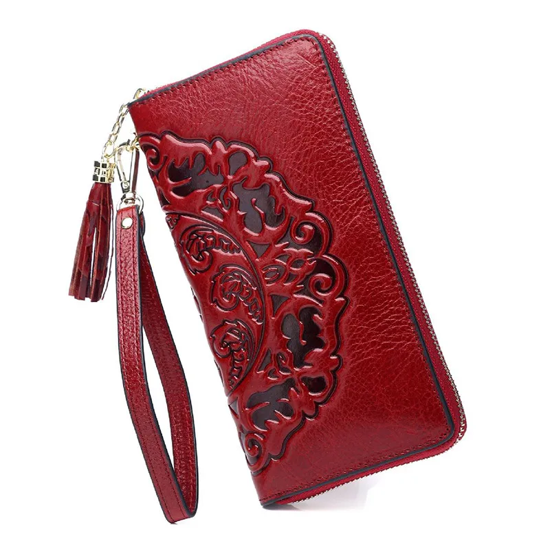 Cow Leather Women Wallets Genuine Leather Purse Women Long Floral Women's Leather Purses Large Capacity Woman Clutch Wallet