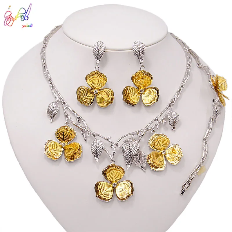 

Yulaili Elegance Dubai Gold Jewelry Sets for Women Two Tone Necklace Bracelet Earrings Ring Wedding Jewellery Free Shipping