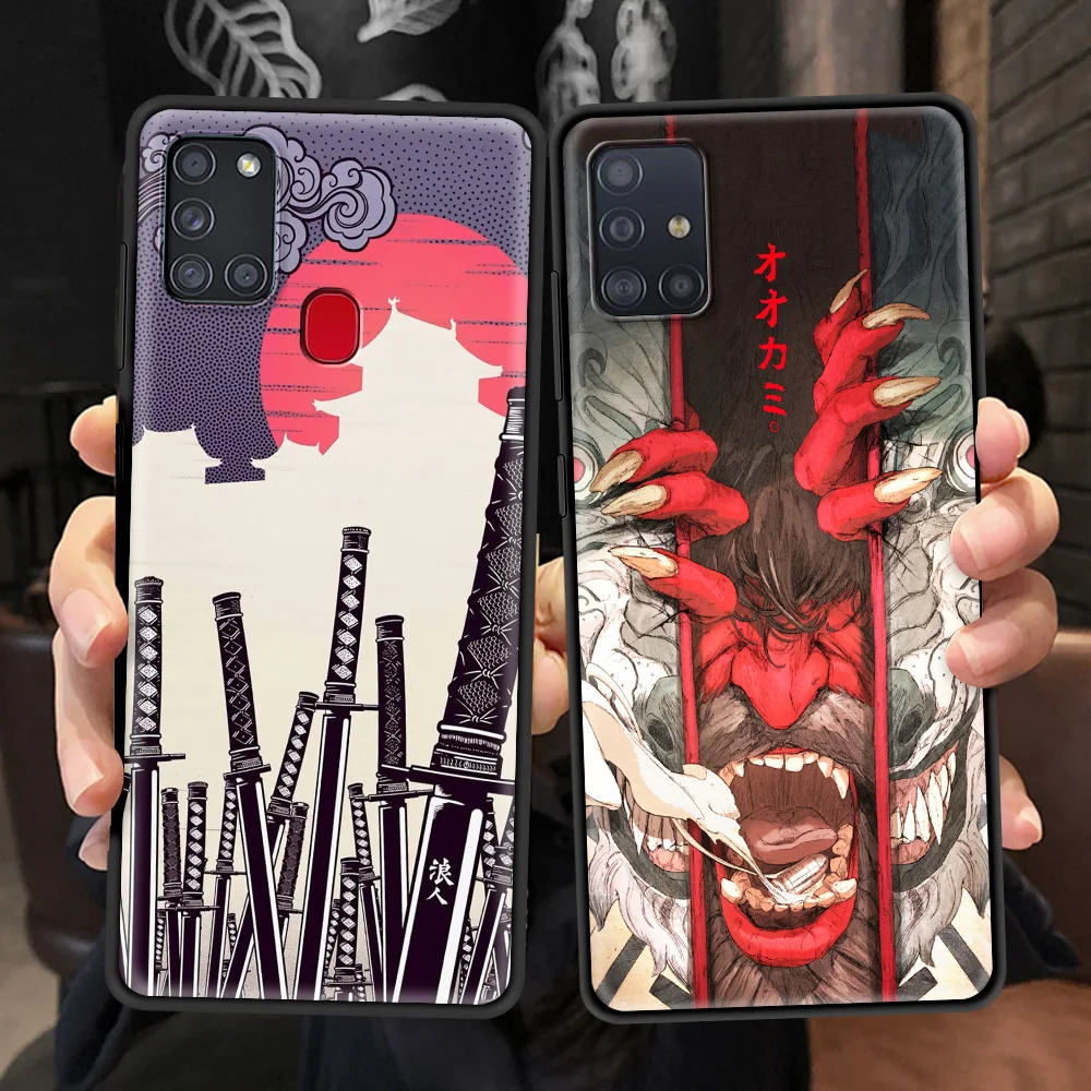 

Case For Samsung Galaxy A51 A71 A21s A31 A72 A52 A32 5G A12 Black Flexible Soft Phone Shell Cover Sac Samurai Japan Art Funda