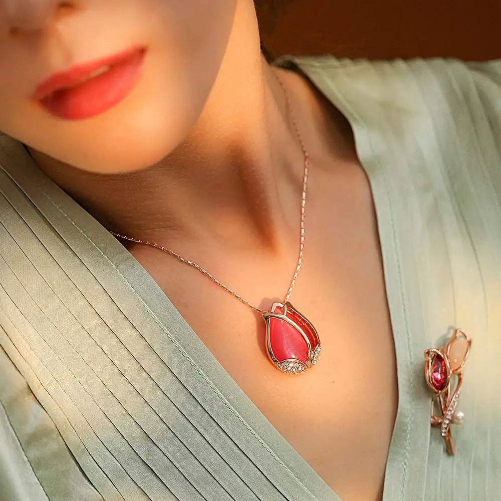 Viennois цветок тюльпана красный/бежевый набор украшений для женщин металлические вечерние ювелирные изделия