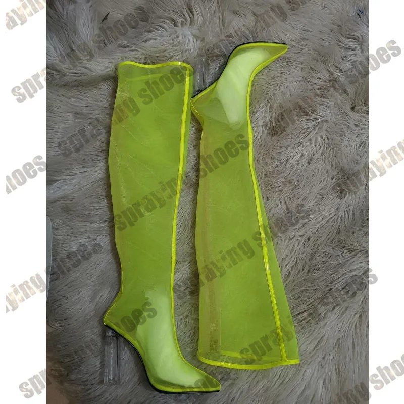 Fashion Neon Sandals Women Mesh Thigh High Boots Transparent Chunky High Heels Summer Sandals Long Boots Green/Orange/White/Gray