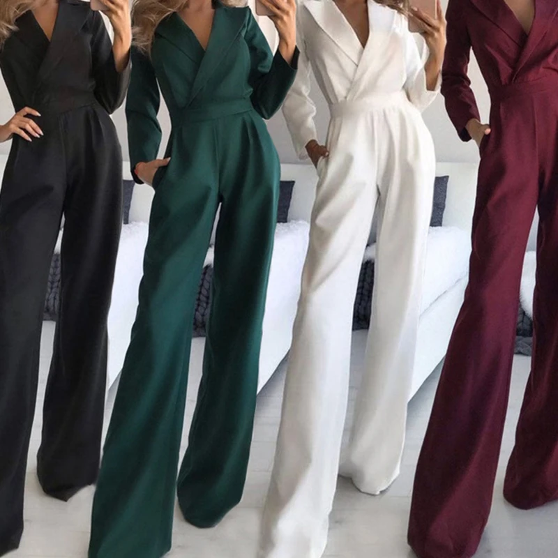 

Women Solid Long Sleeve Jumpsuits Notched High Waist Wide Leg Rompers Loose Office Lady's Junpsuit Casual Elegant 2022