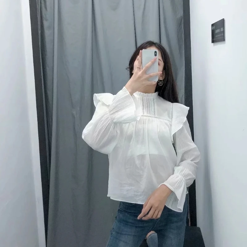 2019 женская элегантная каскадная воротник-стойка с оборками Повседневная блуза