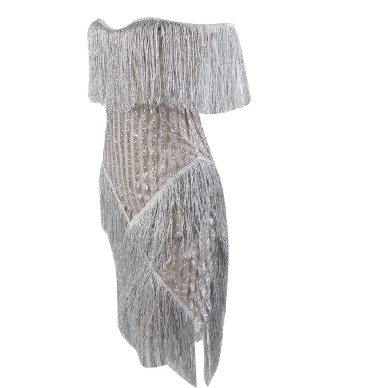 

Hot Black Sheath Off Shoulder Tassel School Club Women Elegant Party Knee-Length Formal Open Back Dance Dress