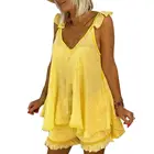 Элегантный женский наряд, повседневный Стильный костюм из двух предметов с V-образным вырезом и открытыми плечами, кофточка, шорты с широкими штанинами и оборками, офисные женские комплекты