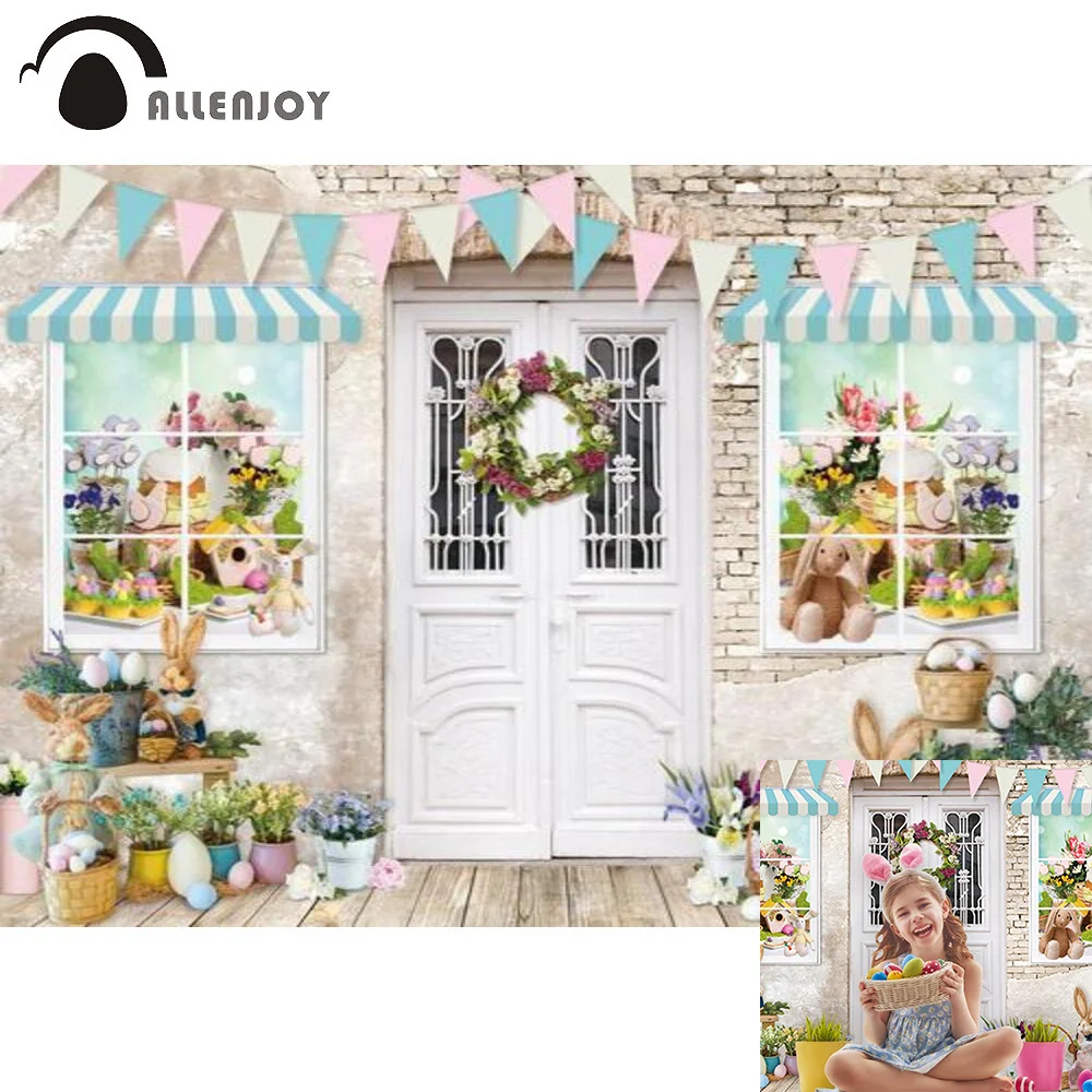 

Allenjoy Easter Spring Store Photography Backdrop White Wood Door Window Eggs Bunny Birthday Party Supplies Decoration Banner
