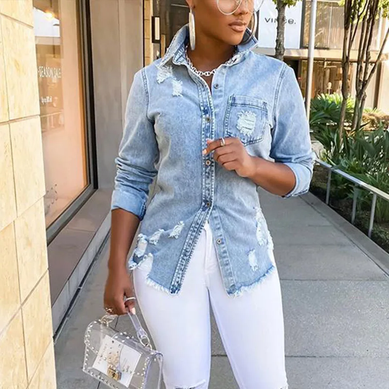 

Long Sleeves Pocket Turn Down Collar Lady Jacket Tunic Solid Hole Blue All Match Simple Basic Womens Jacket Tops Autumn Fashion