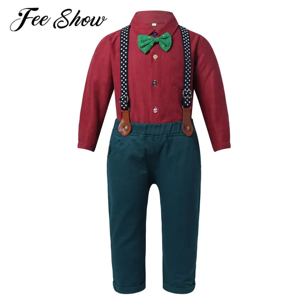 

Детский Рождественский костюм из 2 предметов для мальчиков рубашка с длинными рукавами и пуговицами и галстук-бабочка, штаны на подтяжках Д...