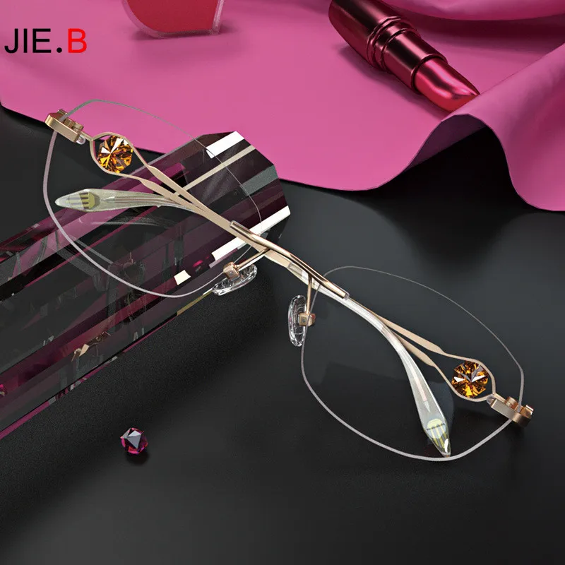

The new net red big frame female frameless diamond glasses frame can be customized prescription myopia reading glasses