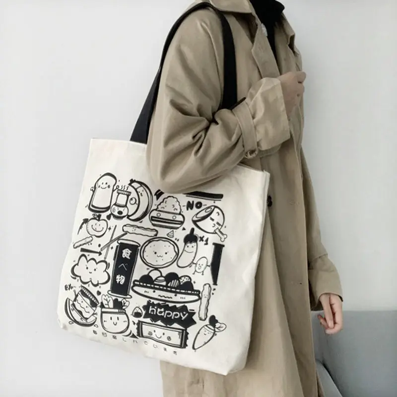 

Korean Fashion Canvas Shoulder Bag With Zipperjapanese Ulzzang Harajuku Tote Shopping Bag Large Capacity Handbags With Anime