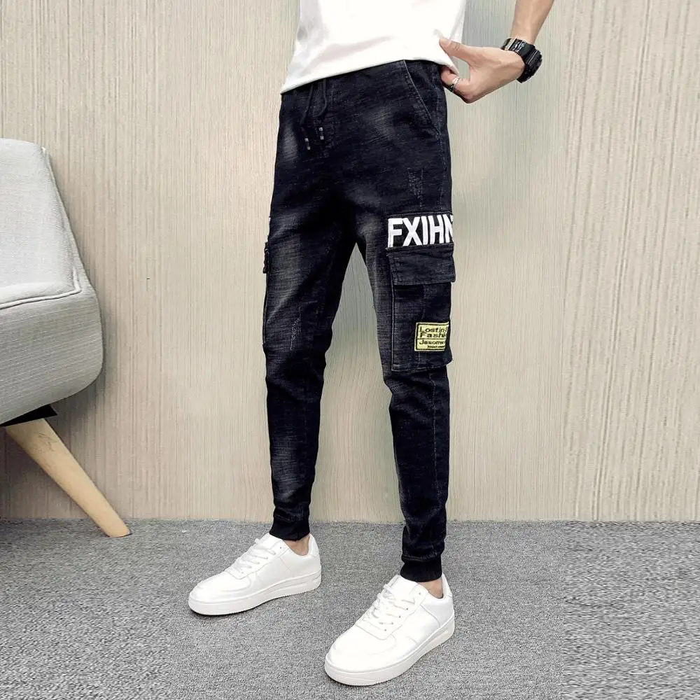 

Idopy Men`s Denim Joggers Pants Korean Elastic Waist Drawstring Street Style Hip Hop Sweatpant Harem Jeans For Male