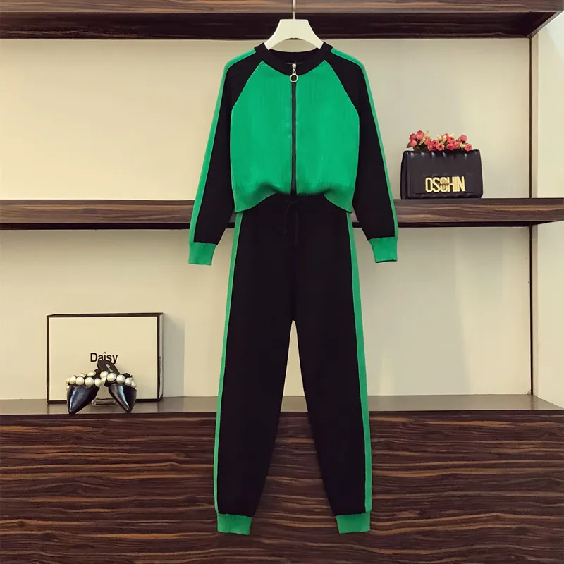 Женский свитер костюм зеленый вязаный кардиган пальто и черные штаны комплект из