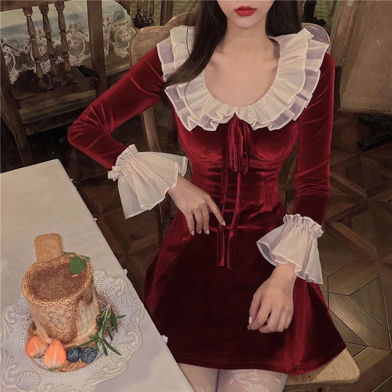 

Spring Elegant Dresses Women Vintage Ruffles Patchwork Party Mini Dress Female Chic Japanese Korean Kawaii Slim Dress Autumn