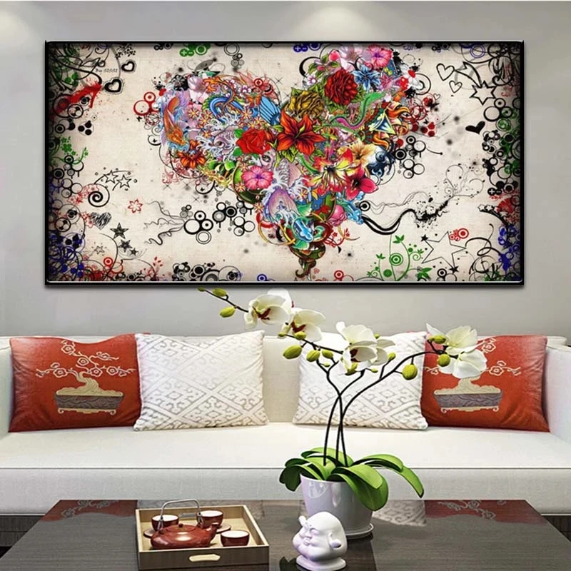 

Abstract Oil Painting on Canvas Colorful Heart Flowers Poster Wall Art for Living Room Decoration Pictures