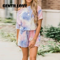 knitted o neck women two pieces set tie dye short sleeve t shirt and high waist lace up short suit casual streetwear ladies