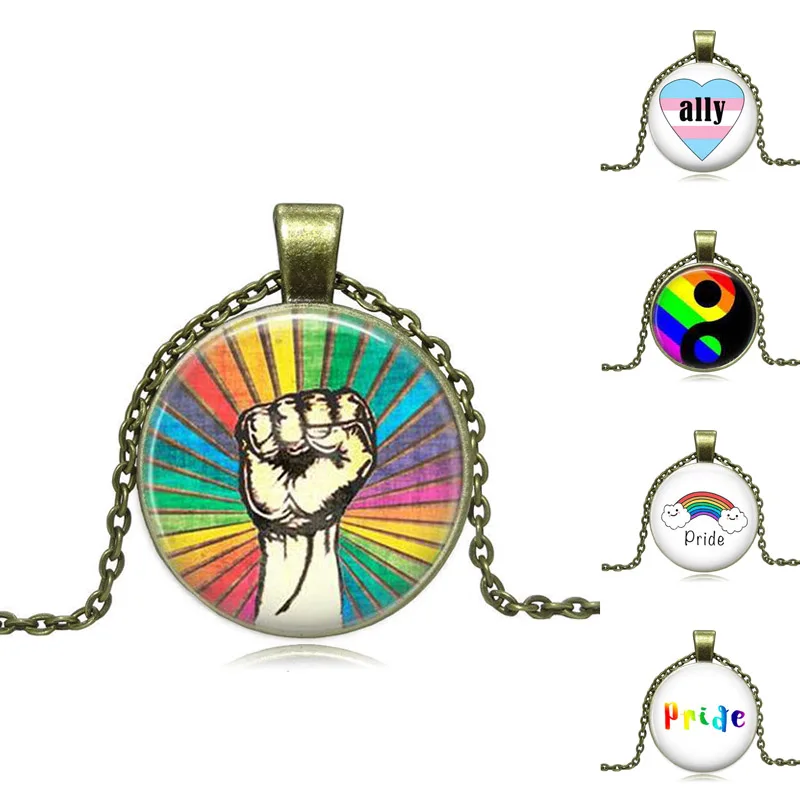 Гей Радуга гордости ожерелье с бронзовым покрытием стекло кабошон лесбиянок