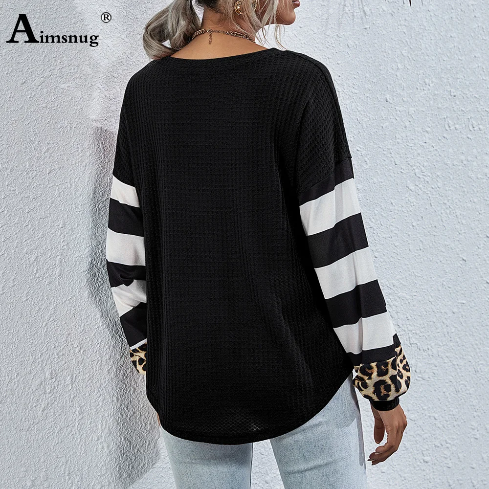 

Aimsnug Women Clothing 2020 Autumn New Patchwork Color Stripes Print T-shirt Female Long Sleeve Top Plus Size Loose Casual Shirt
