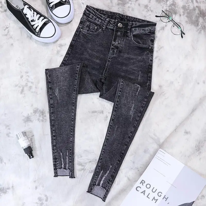 

Spring and autumn skinny split jeans women's Korean high waist net red elastic Leggings