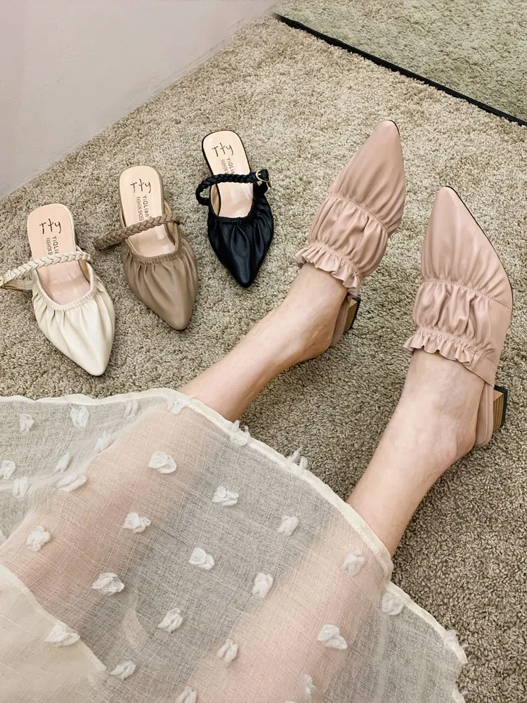 

Остроносые женские уличные шлепанцы, весна 2021, новые модные плетеные шлепанцы на толстом каблуке