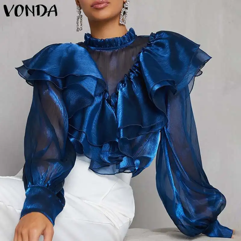 

VONDA Fashion Spring Shirts OL Elegant Party Blusas Women Satin Blouse New Casual Long Lantern Sleeve Chemise Ruffled Tops Tunic