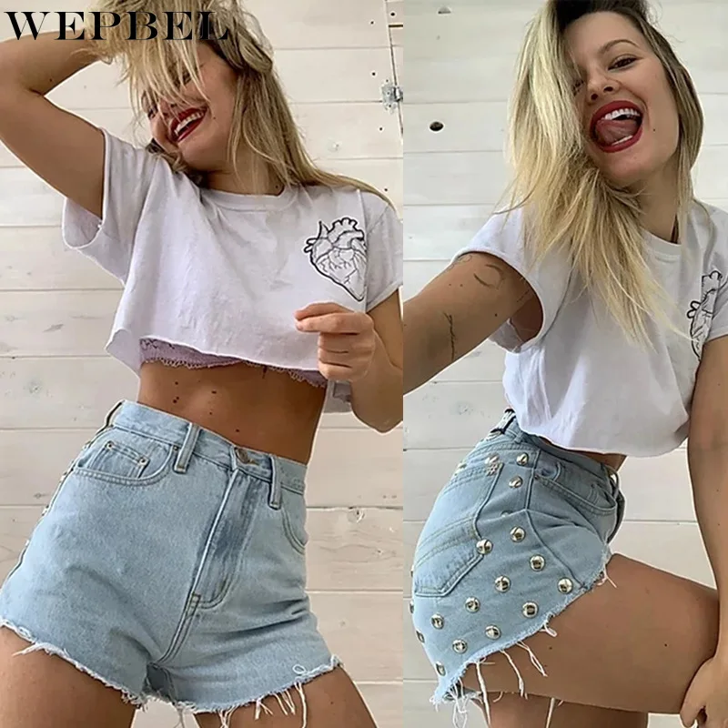 

WEPBEL Denim Shorts Women's Casual Solid Color Rivet Tassel Short Jeans Summer Vintage High Waist Button Denim Straight Shorts
