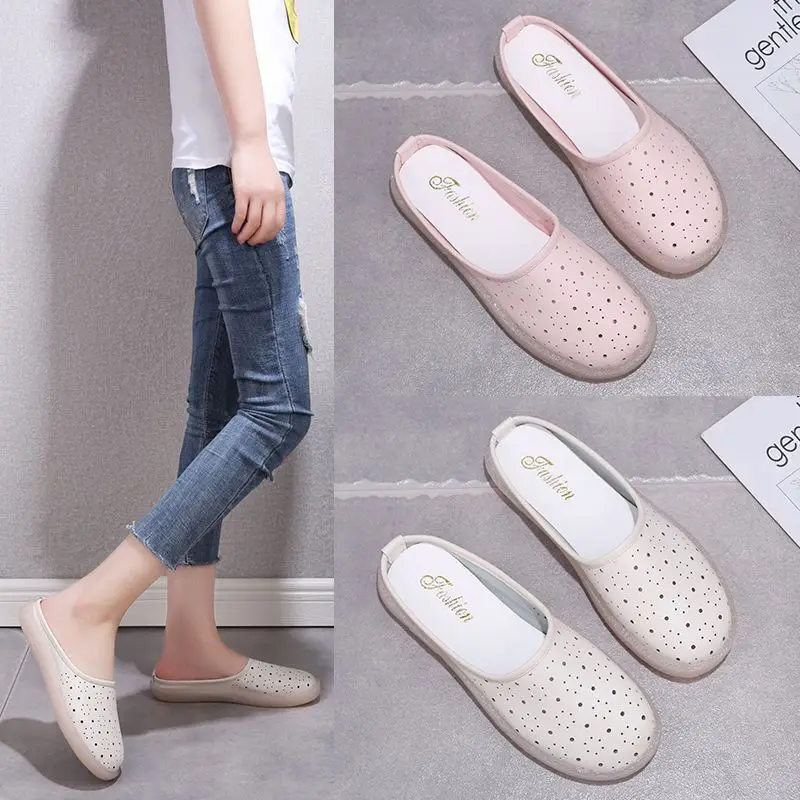 Женские сандалии на плоской подошве шлепанцы из мягкой кожи без застежки лето