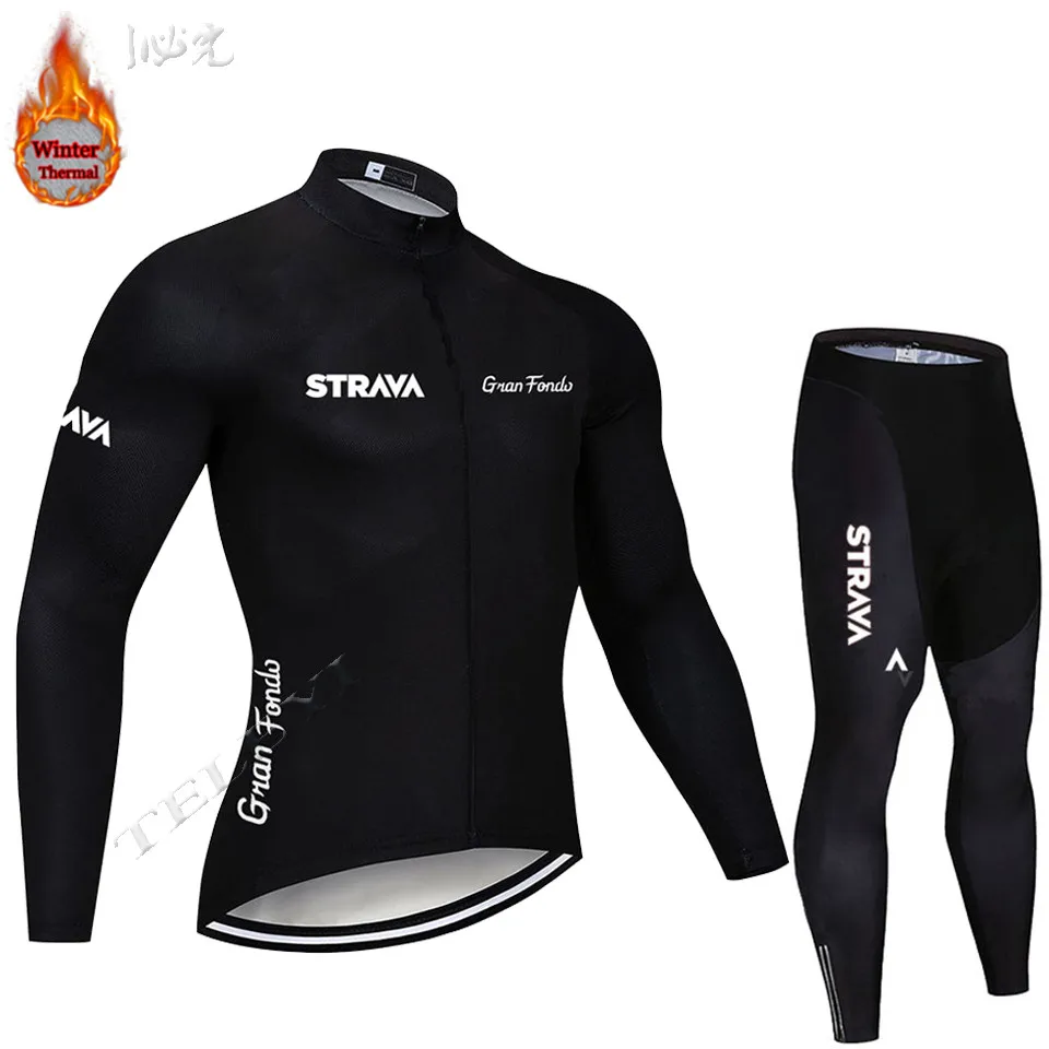 STRAVA зеленый флис мужской Велоспорт Джерси Набор велосипедный зимний Одежда для велоспорта Майо Ropa Ciclismo Invierno костюм - Color: 2