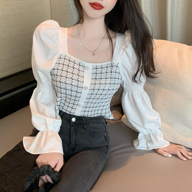 

Korean Style Puff sleeve Stitching Knitted Women Tops All-match High Waist Short Shirt Blusas Femme White blouse