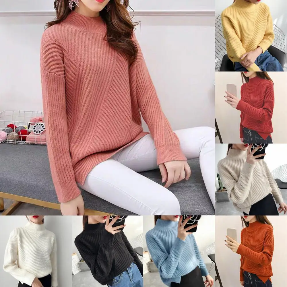 

Women Turtleneck Sweater Autumn Winter Solid Color Long Sleeve Casual Pullover Mock Neck Stripe Rib Warm Knitted Sweater Jumper