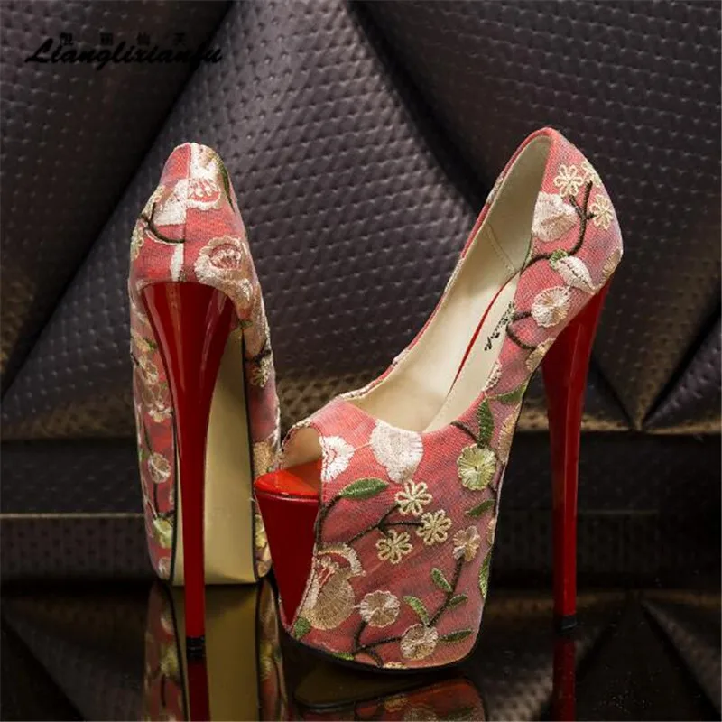 

Crossdresser Summer Peep Toe Sandals 20cm thin heels platform sexy shoes woman wedding bride Flowers pumps Embroidered Stiletto