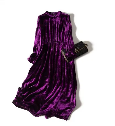 Длинное платье с длинным рукавом однотонное из шелка тутового шелкопряда и