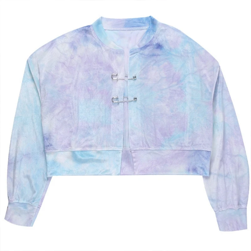 

Women Long Sleeve Velvet Baseball Coat Gradient Tie-Dye Print Open Front Jacket with Pin Clip Casual Loose Short Outwear