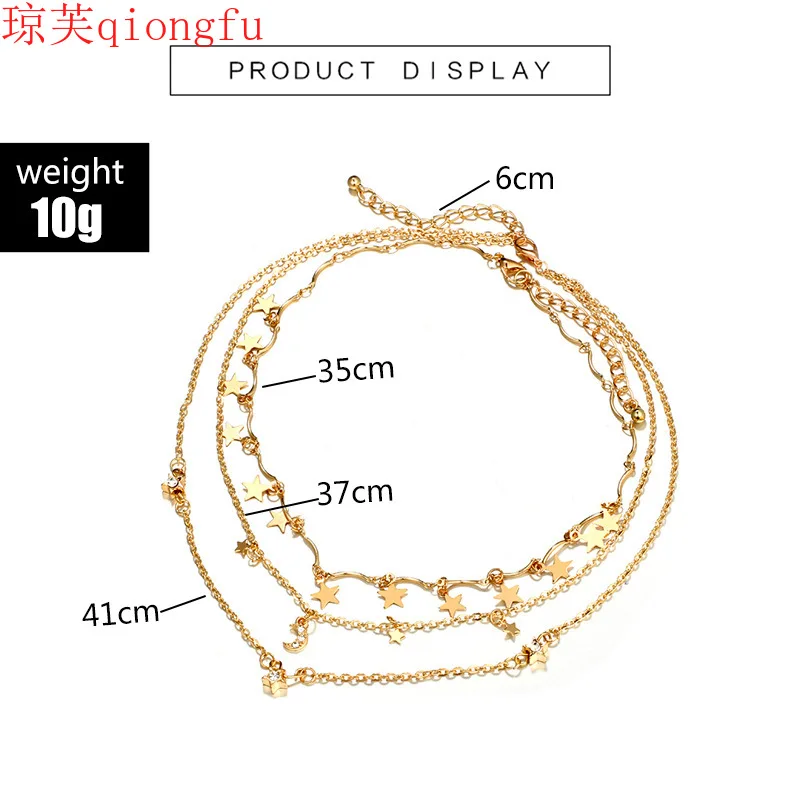 

2021 new alloy jewelry fashion geometric diamond-studded star moon three-layer necklace simple five-pointed star clavicle chain