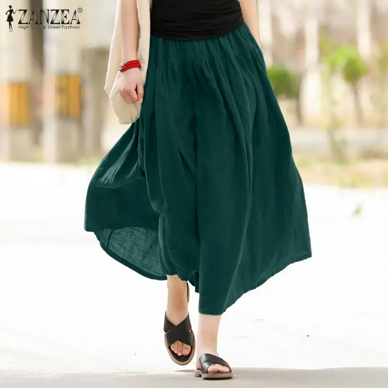 

Womens Cotton Linen Skirts 2021 Summer Ladies Solid Bottoms ZANZEA Vintage Long Mujer Faldas Casual Soft A Line Skirt