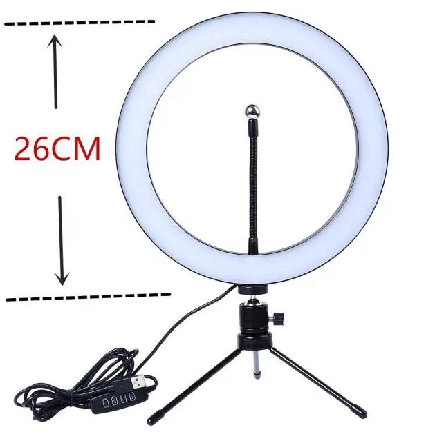 26cmWithClipTripod Фотография СВЕТОДИОДНЫЙ селфи кольцо света 26 см затемнения камера телефон кольцо лампа 10 дюймов с настольные штативы для макияжа видео для студий с живым звуком - Цвет: 26cmWithClipTripod