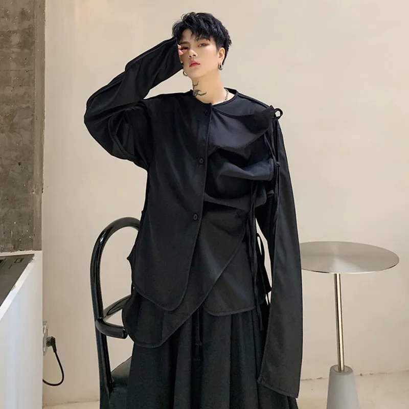Men Fold Irregular Ribbon Splice Long Sleeve Casual Black Shirt Male Japan Style Streetwear Punk Gothic Shirts Stage Clothing