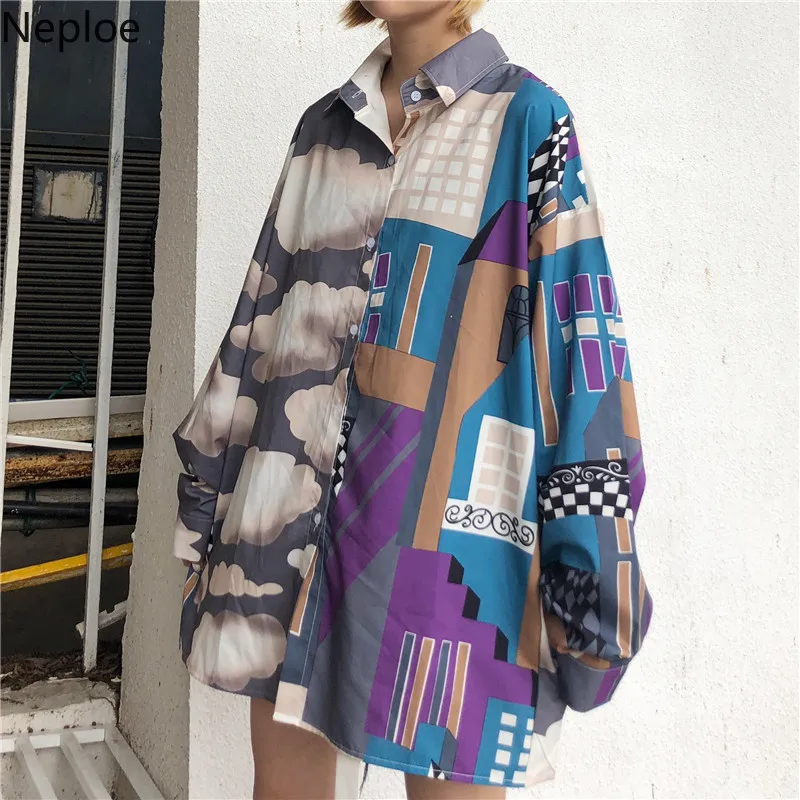 Neploe BF стильная женская модная рубашка винтажная цифровая печать blusas Корейская Повседневная Блузка с длинным рукавом рубашки женские топы 38376