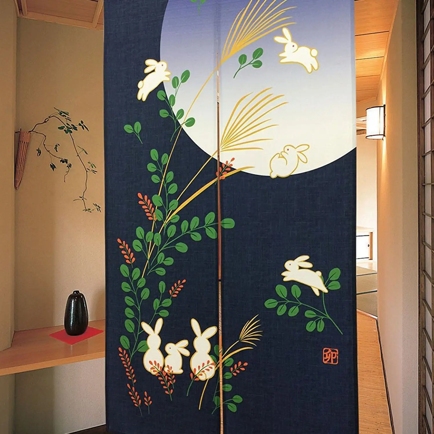 Японская дверная занавеска Noren Rabbit под луной для украшения дома 85x150 см |