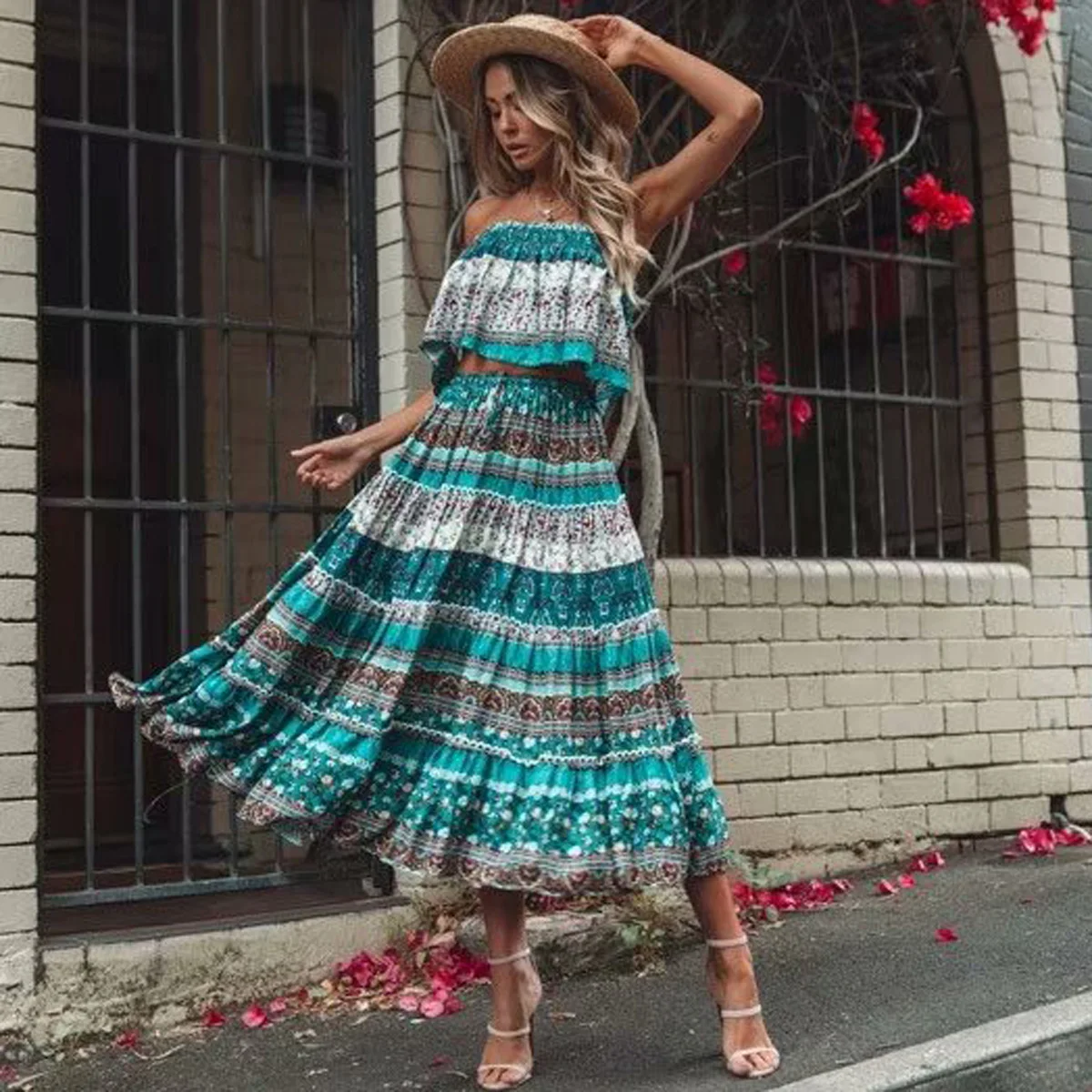 Зеленое платье с цветочным принтом комплект из 2 предметов укороченный топ в