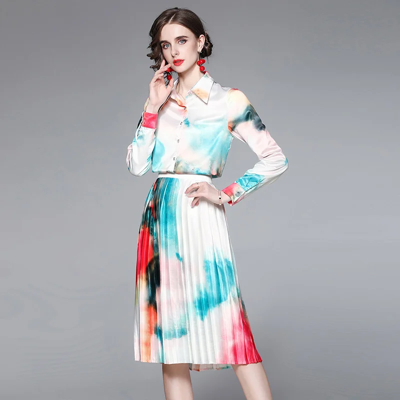 

Elegant Two Piece Suit Women Contrast Color Gradient Turn Down Neck Long Sleeve Shirt Tops High Waist Skirts Fashion Sets