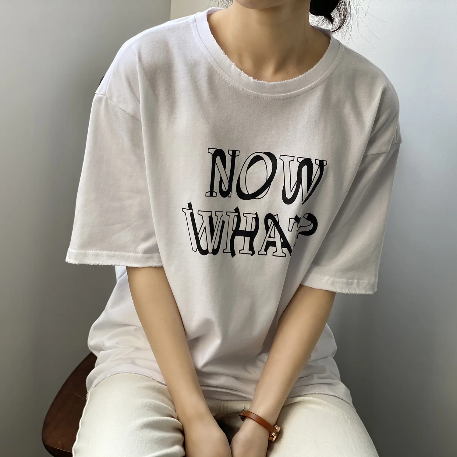 

Double Round Neck Short Sleeve T-shirt for Women 2021 Spring New Large Loose Casual Letter Print Top for Women 1527