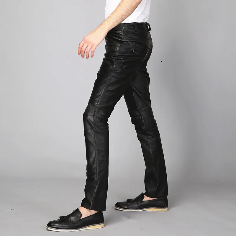 

Men 2020 New Windproof Motorcycle Biker Genuine Leather Skinny Pants Rock Casual Spring Full Length Pleated Punk Male Trousers