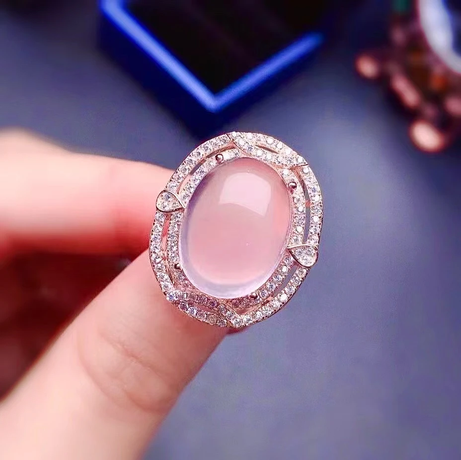 Модное серебряное кольцо с розовым кварцем для вечеринки 10 мм * 14 натуральный