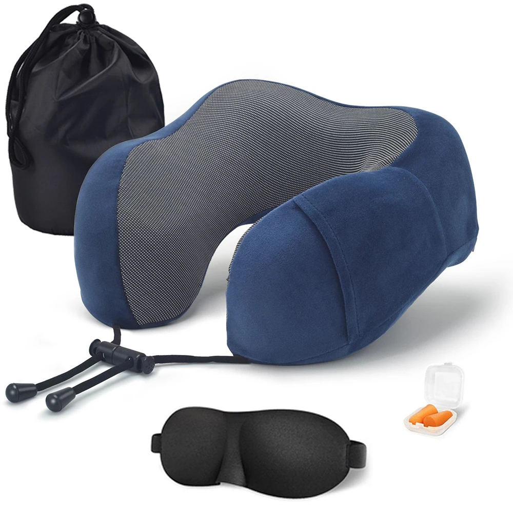 

U-Shaped Pillow Memory Foam U-Shaped Pillow Slow Rebound Travel Neck Pillow Magnetic Cloth Neck Pillow Earplugs Eye Mask 1Pcs