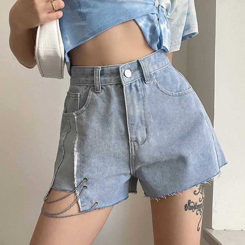 

Women's Denim Shorts Fashion Retro Women's Casual High Waist Chain Asymmetric Street Tide People Denim Jeans 2021 Summer New